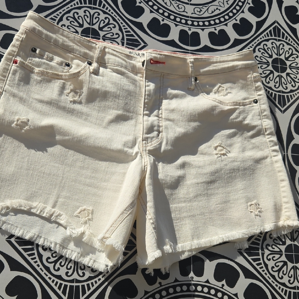 Peace Love World Cream Distressed Jean Shorts